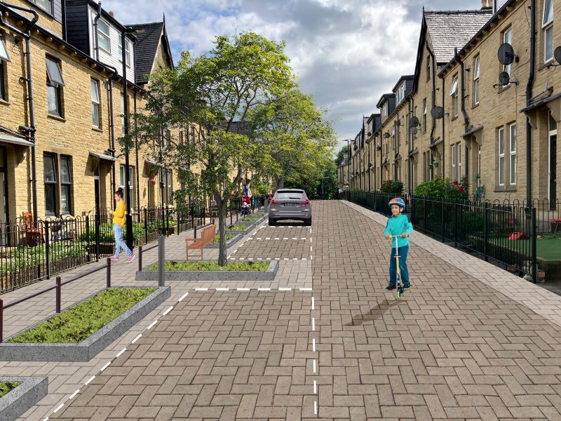 Visualisation of proposals for Gladstone Road with green improvements, seating, and a new high-quality surface.